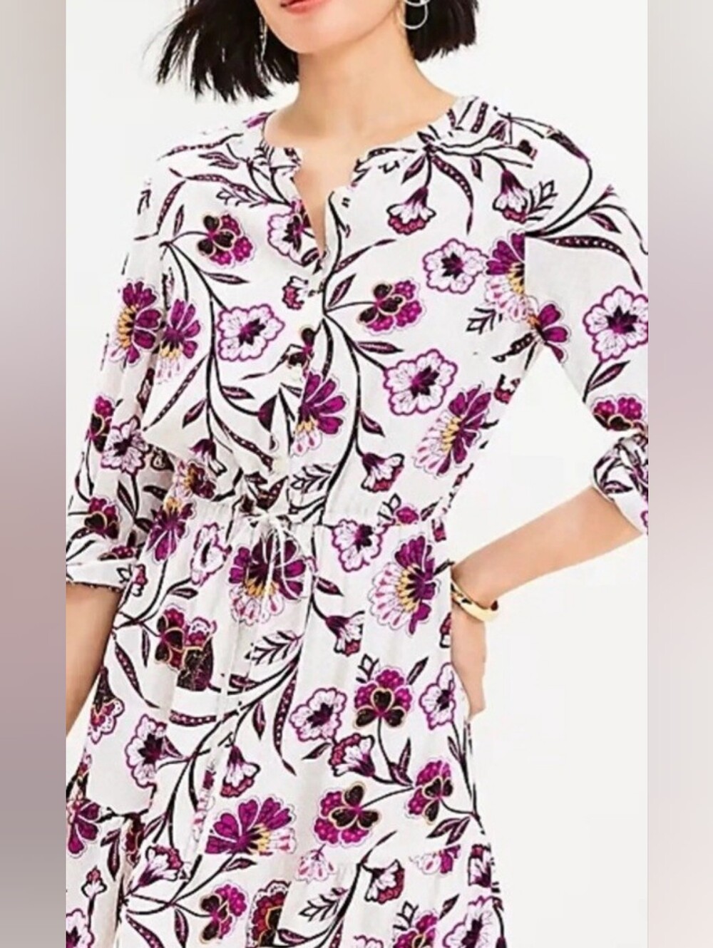 LOFT White Floral Mini Dress with Pink and Purple Blooms